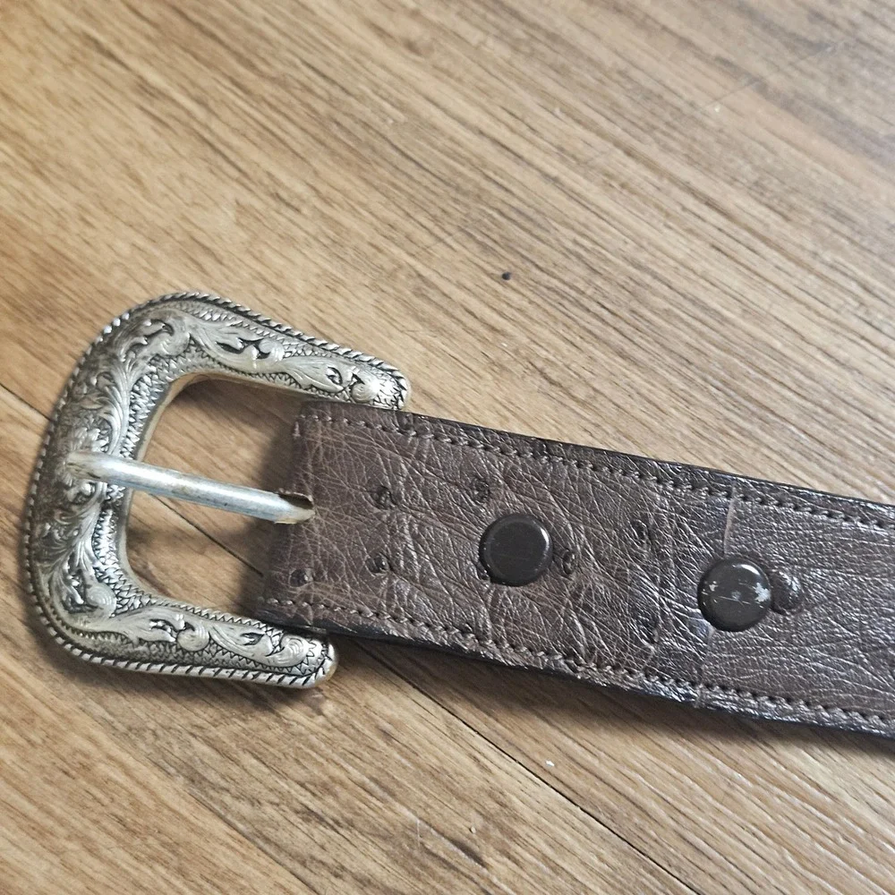 Vintage Brown Ostrich Leather Western Belt Mens 36 Engraved Silver Buckle Cowboy